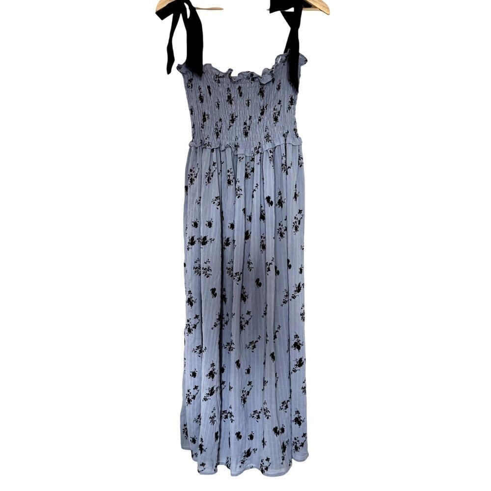 Blue and Black Smocked Summer Dress Midi/Ankle Length Size M/L
